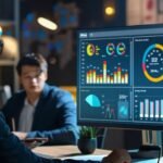 Several employees are gathered around a computer monitor with AI knowledge management software displayed on the screen