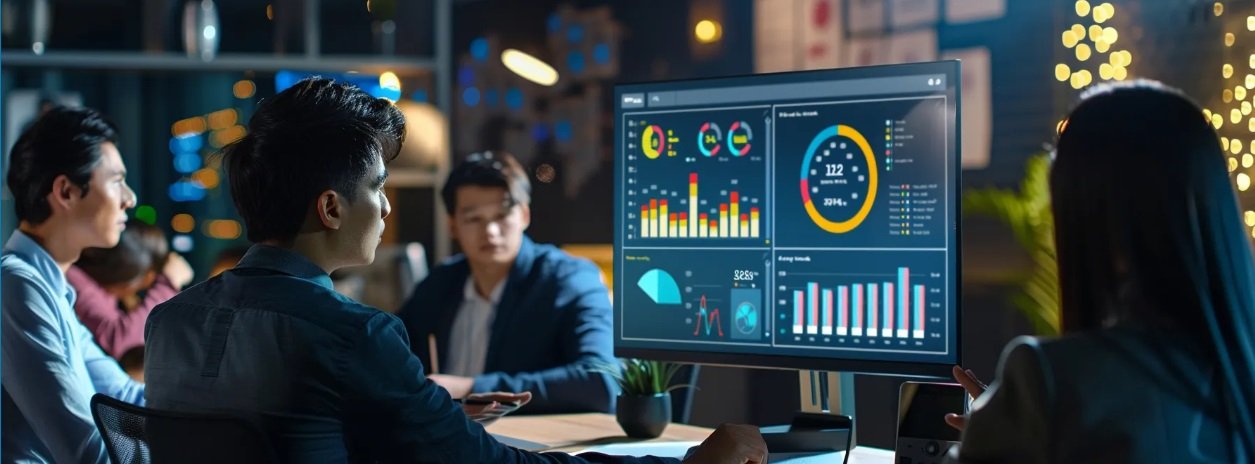 Several employees are gathered around a computer monitor with AI knowledge management software displayed on the screen