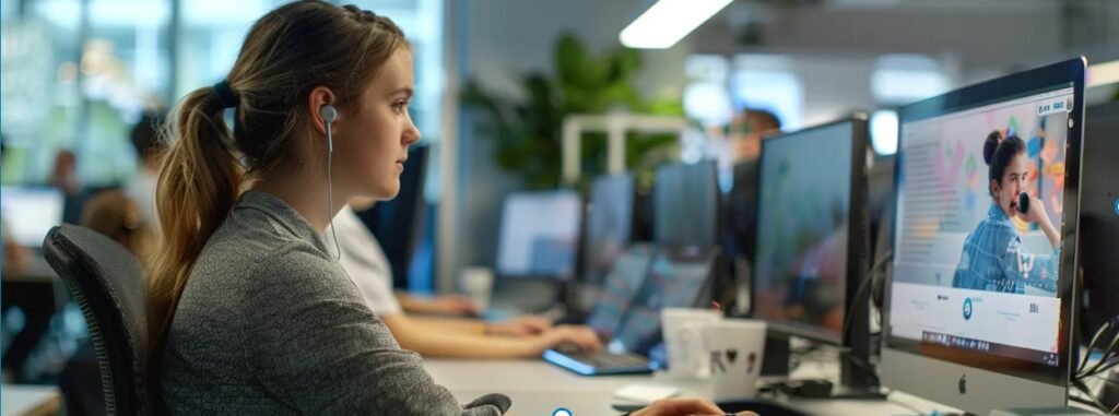 An employee is sitting at a desk and watching a video tutorial on how to use AI knowledge management software