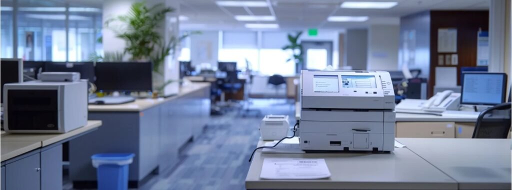 A computer on a desk in an office, illustrating the topic of enterprise fax services for large-scale operations.