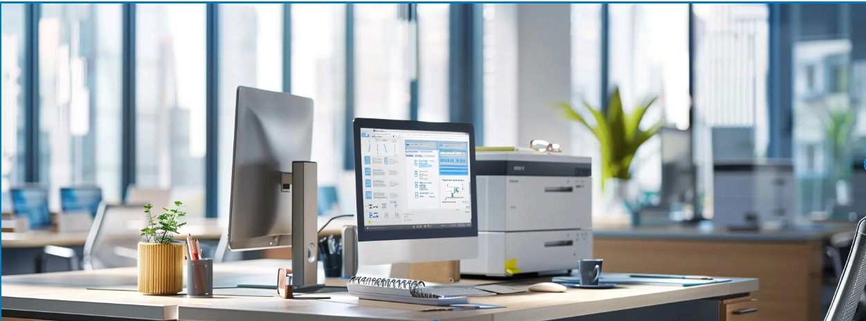 A computer monitor on a desk in an office, highlighting an enterprise fax service setup.